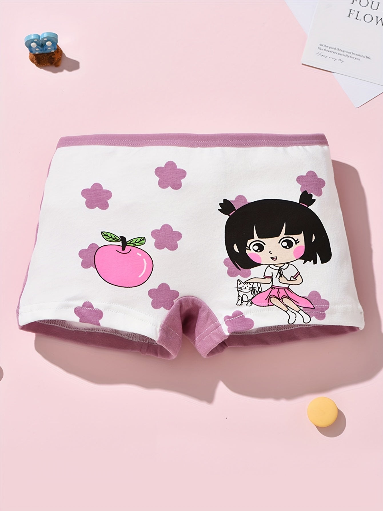 4pcs Cute Girls' Cotton Boxer Briefs with Cartoon Print - Breathable, Sweat Absorbent & Comfort Fit for All Seasons, Double-layer Crotch, 95% Cotton
