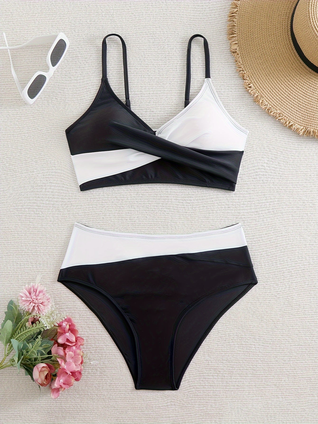 Women's Split Swimwear Color Block Cross-Back Bikini Set Summer Beach Vacation Swimsuit