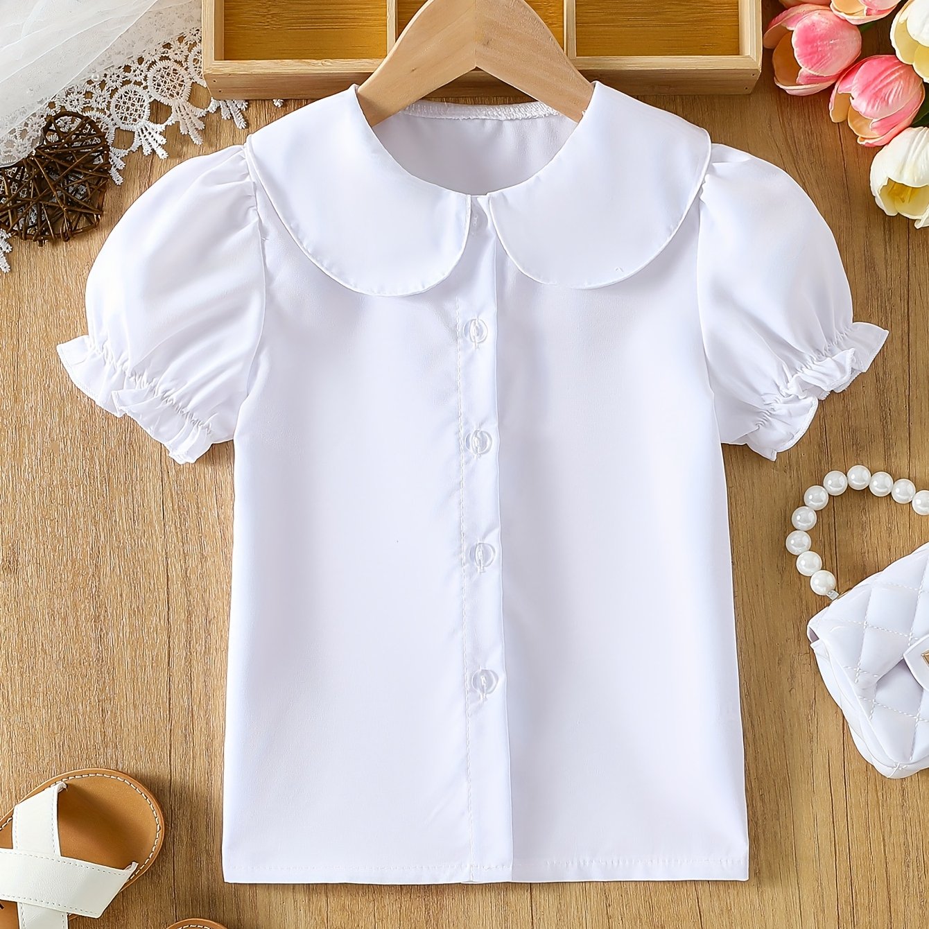 Girls' Summer Casual White Blouse with Doll Collar and Bubble Sleeves - Machine Washable, Perfect for Playtime