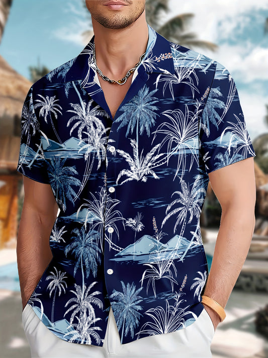 Men's Tropical Escape-Inspired Shirt with Palm Tree Print - Casual Short Sleeve, Button-Up, Polyester - Perfect for Spring/Fall