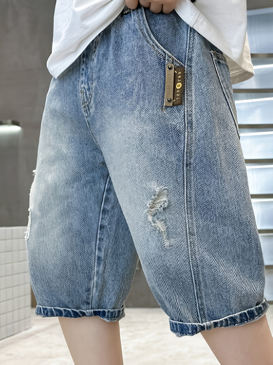 Boys' Summer Ripped Denim Shorts, Light Blue Casual Cotton Blend with Elastic Waistband & Cuffed Hem, Machine Washable for Everyday & Outdoor Play, Jean Shorts, Perfect for Outdoor