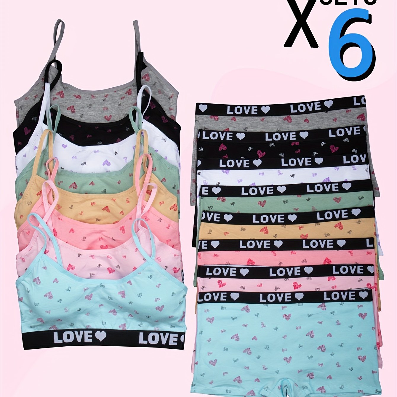 6pcs Girls' Cute Heart Print Cotton Camisole & Boxer Briefs Set - Comfy, Stretchy Casual Outfit for Ages 10-12