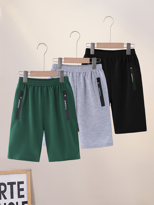 3-Pack Boys' Casual Sports Shorts with Zipper Pockets, Polyester Knit, Regular Fit, Non-Stretch, Summer Letter Pattern - Black, Grey, Green, for Outdoor