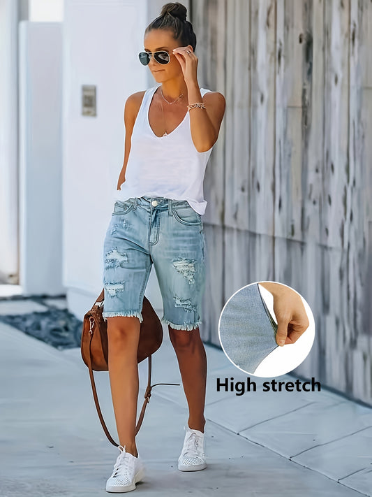 Women's Stretch Denim Mid-Thigh Shorts with Ripped Detailing and Raw Hem - Casual Style, Machine Washable, Light Blue, Casual Denim Shorts | Frayed Edge Shorts | High Stretch Fabric, Jean Shorts