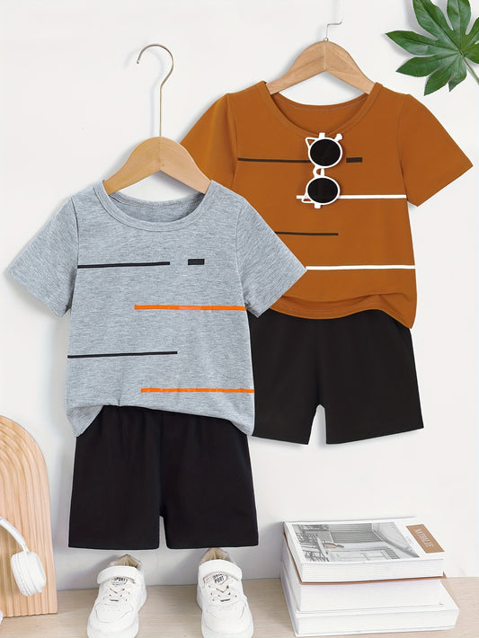 4pcs Boys' Summer Striped Print Round Neck T-Shirt and Solid Color Shorts Set Suitable for Beach Holiday Outfits, Perfect for Outdoor