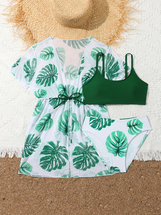 Tropical Style Girl's 3-Piece Beachwear Bathing Suit, Bikini Set + Tie Waist Kimono Cover-up Swimsuit, Swimming Pool Beach Holiday Girls Swimwear