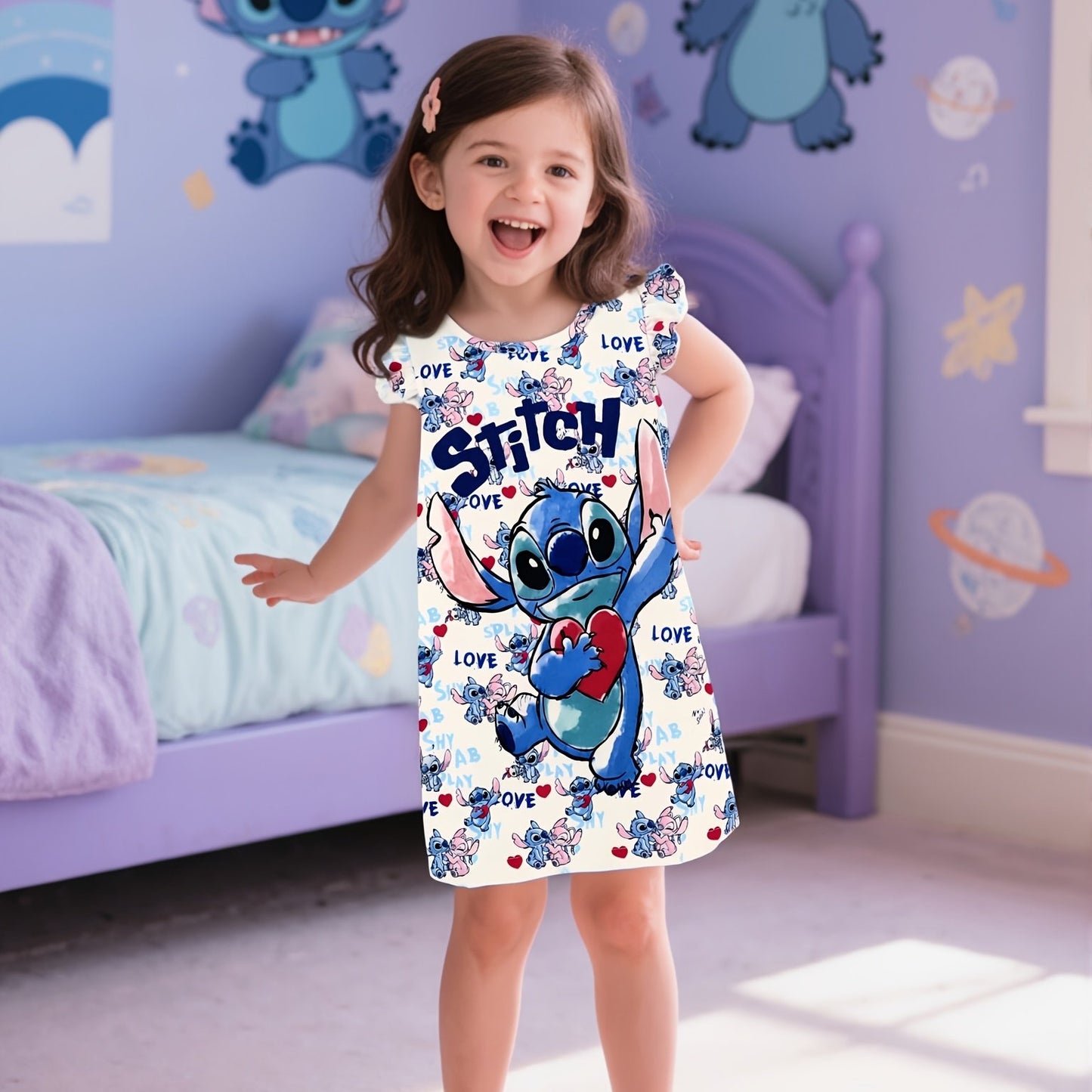 Disney Stitch Girls' Pajama Dress - Flame Retardant, Short Sleeve, Cartoon Heart Print, Lightweight & Breathable for Spring/Summer, Regular Fit, Cute Sleepwear, Girls Pajamas, Playful Sleepwear, Comfortable Sleepwear, Youngst