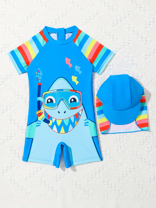 Baby Boys' One-Piece Swimsuit With Cap, Cute Cartoon Shark Print, Quick Dry, Sun Protection, Blue, Multi-Color Stripes, Summer Beachwear For Toddlers