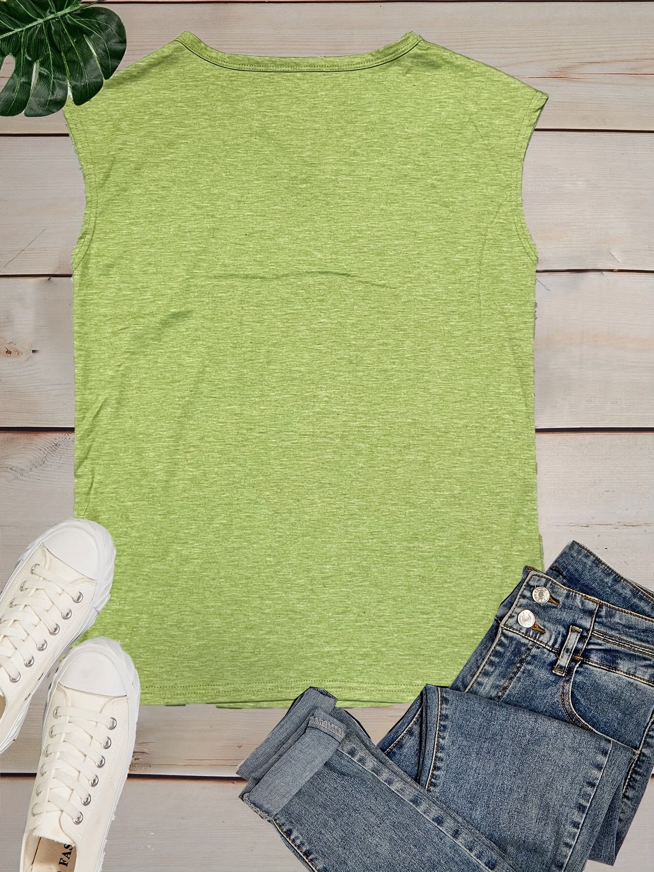 Lotus Print V Neck Tank Top, Cap Sleeve Casual Top For Summer & Spring, Women's Clothing