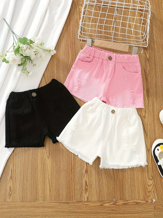 New Summer Girls' Denim Shorts Pure Cotton Three-piece Set with Buttons Casual Hot Pants for Small to Medium-Large Children Thin Outerwear Pants Solid Color
