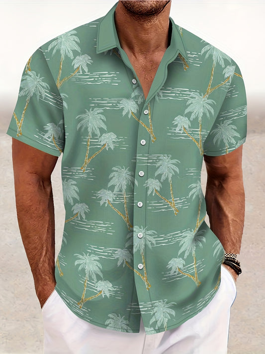 Men's Lightweight Hawaiian Shirt with Vibrant Palm Tree Print – Short Sleeve, Button- Collar, Perfect for Beach Vacations and Summer Outings