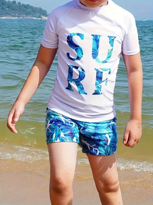 Boys' Tropical Leaf Print Swimsuit Set - "SURE" Blue & Green Tee and Shorts, Stretchy Polyester Blend, Machine Washable - Perfect for Summer Beach Fun, Bathing Suits
