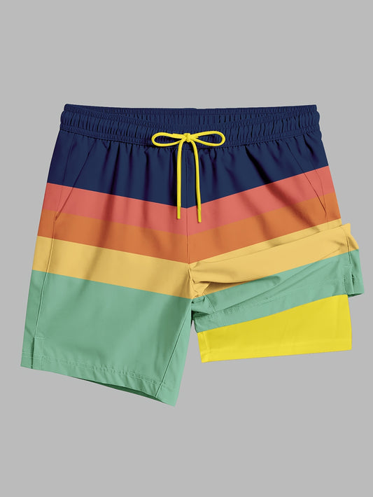 Men'S Summer Shorts - Casual, Stretchy Fabric, Vibrant Rainbow Print, Yellow Drawstring, Pockets, Lightweight, Casual Summer Wear|Vibrant Print Shorts|Stretchy Material