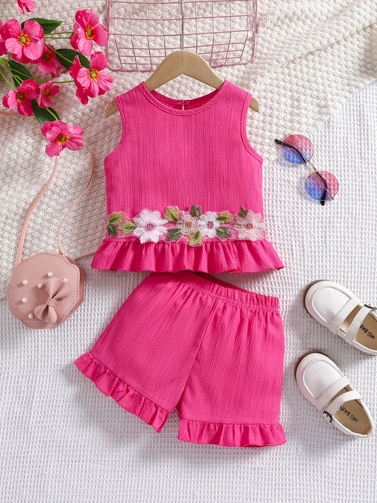 2025 Summer New Girls' Sleeveless Vest and Shorts Set with Ruched Lace + Fashion Embroidery Applique Outdoor Sport Suit, Perfect for Outdoor