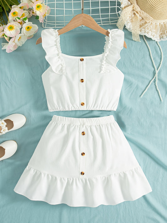 Summer Casual Outing Sleeveless Wood Ear Design Button Decor Top and Skirt Set Two-piece Set for Girls