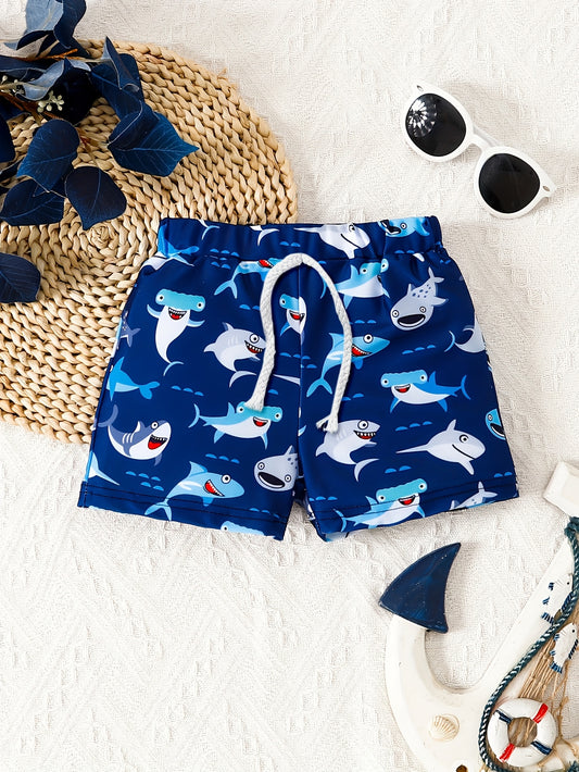 Boys' Cartoon Shark Swim Trunks - Blue Marine Life Design, Quick-Dry Polyester & Spandex Blend, Drawstring Waist for Beach & Pool Vacations