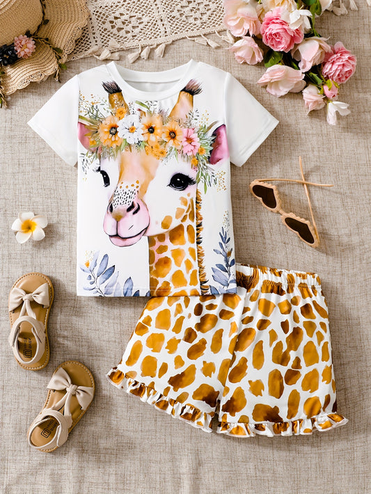 2pcs Girls Cartoon Giraffe Print Hoodie + Shorts Children's Clothing Comfortable Polyester, Machine Washable - Perfect Choice for Summer, First Choice for Outdoor Activities