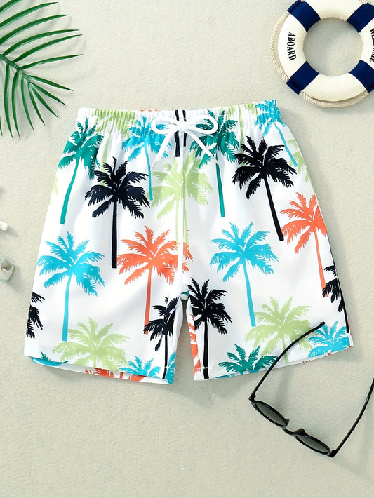 Boys Swim Trunks Plam Trees Print Drawstring Elastic Waist Beach Pants Swim Shorts Stretchy Comfortable Kids Clothes Vacation Summer