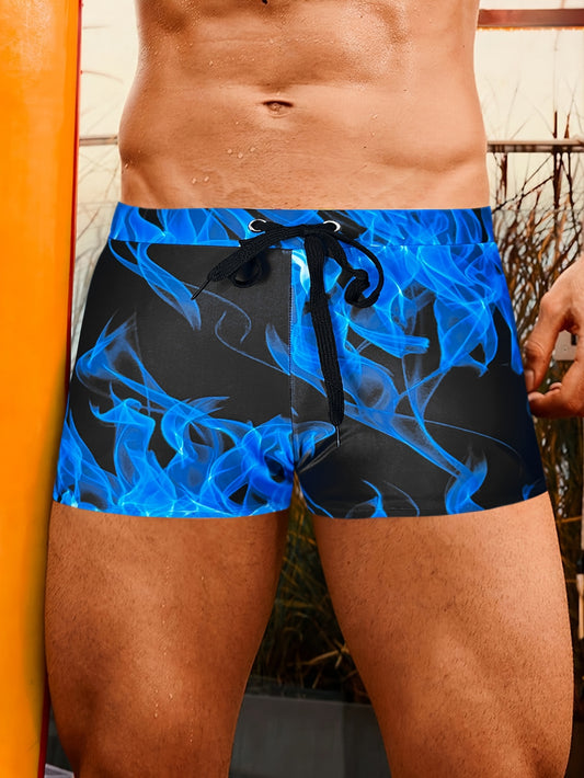 Men'S OUDASI Polyamide Trunks, High Stretch Knit Fabric, Mature Style, Fire Pattern, Short Type, with Lace-up Detail, Elastane Lining, Belted, No Chest Pad, for Adult Swimwear
