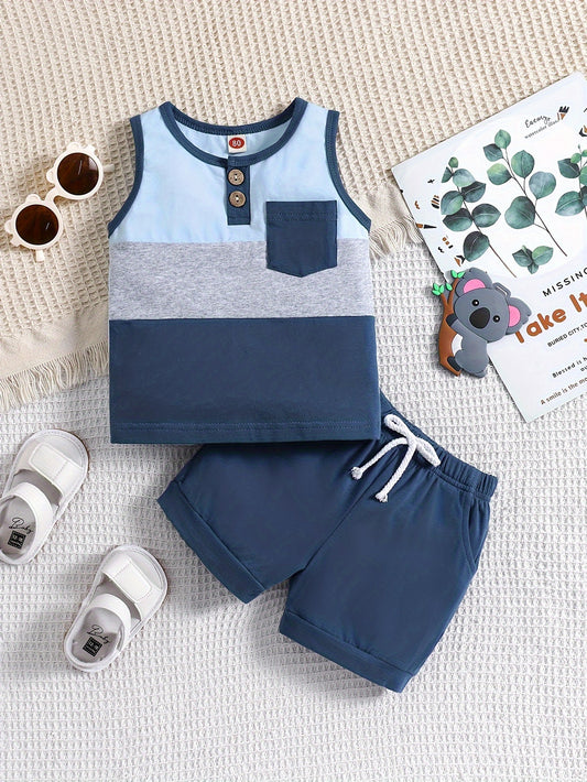 Baby Boys Infant 2-Piece Cotton Set, Sleeveless Round Neck Cotton Top With Color Block Design & Solid Color Shorts, Casual Cute Outfits For Toddlers, Outdoor Cloth
