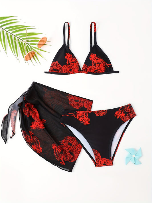 Trendy & Elegant Girls 3pcs Bikini Swimwear Set Comfy Bathing Suit Summer Outdoor Clothes Beach