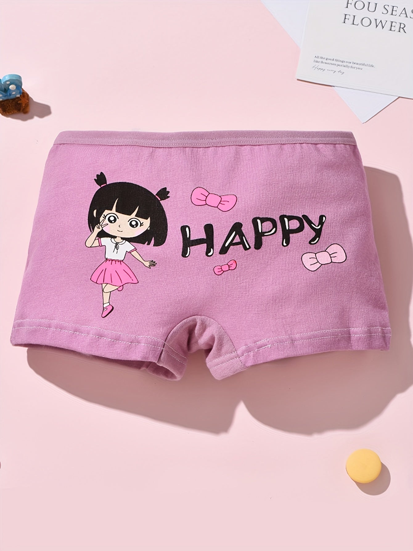 4pcs Cute Girls' Cotton Boxer Briefs with Cartoon Print - Breathable, Sweat Absorbent & Comfort Fit for All Seasons, Double-layer Crotch, 95% Cotton