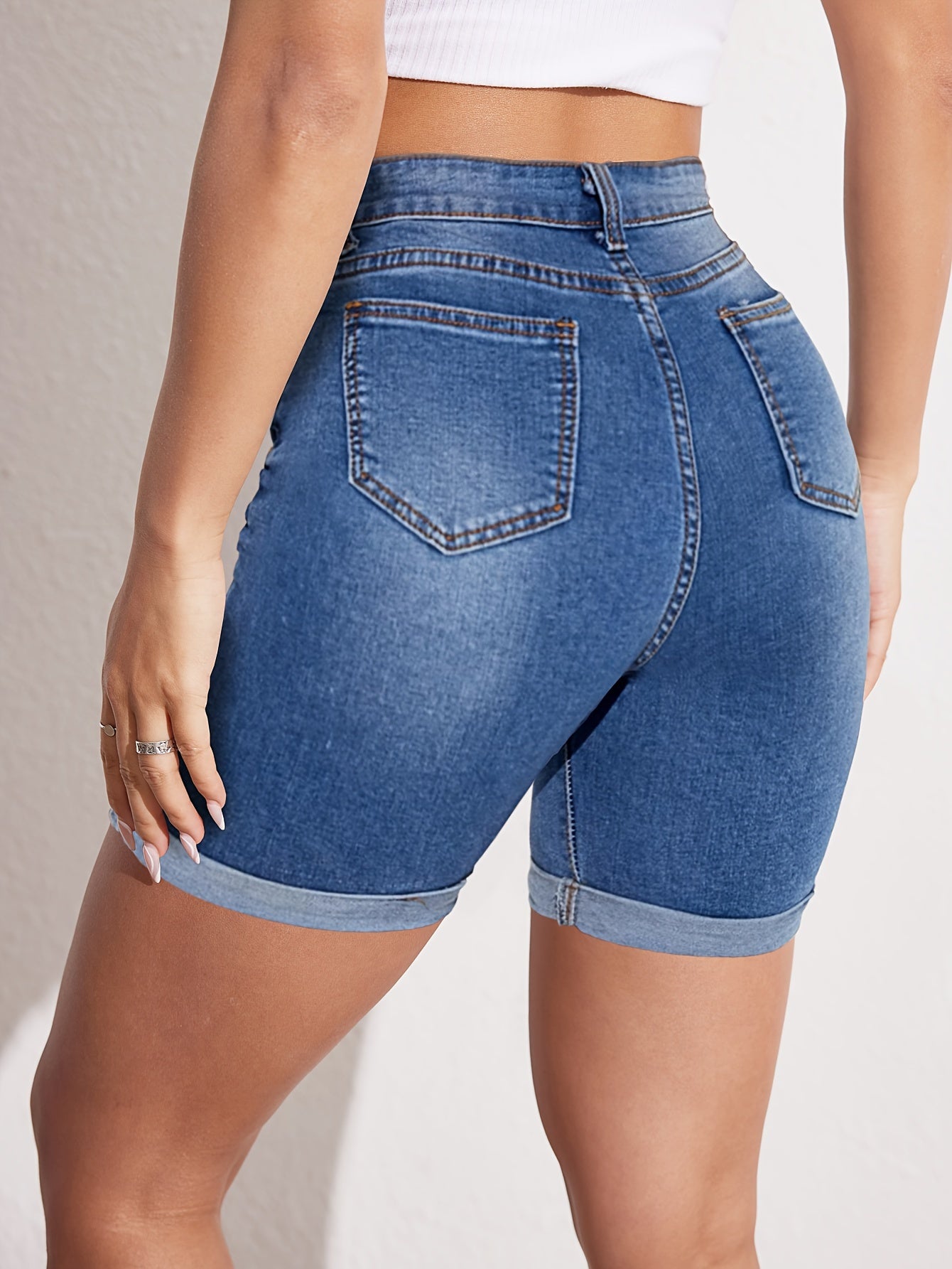 Women'S High-Stretch Denim Shorts - Slim Fit, Casual Mid-Thigh Length, Light Blue Washed Jean Shorts for Spring/Summer, Versatile & Breathabl