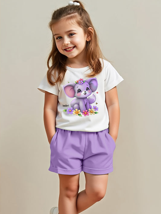 A Two-Piece Summer Outfit for Girls Featuring a Stylish Print Short-Sleeve T-Shirt And Shorts, Perfect for Outdoor Wear in The Summer.
