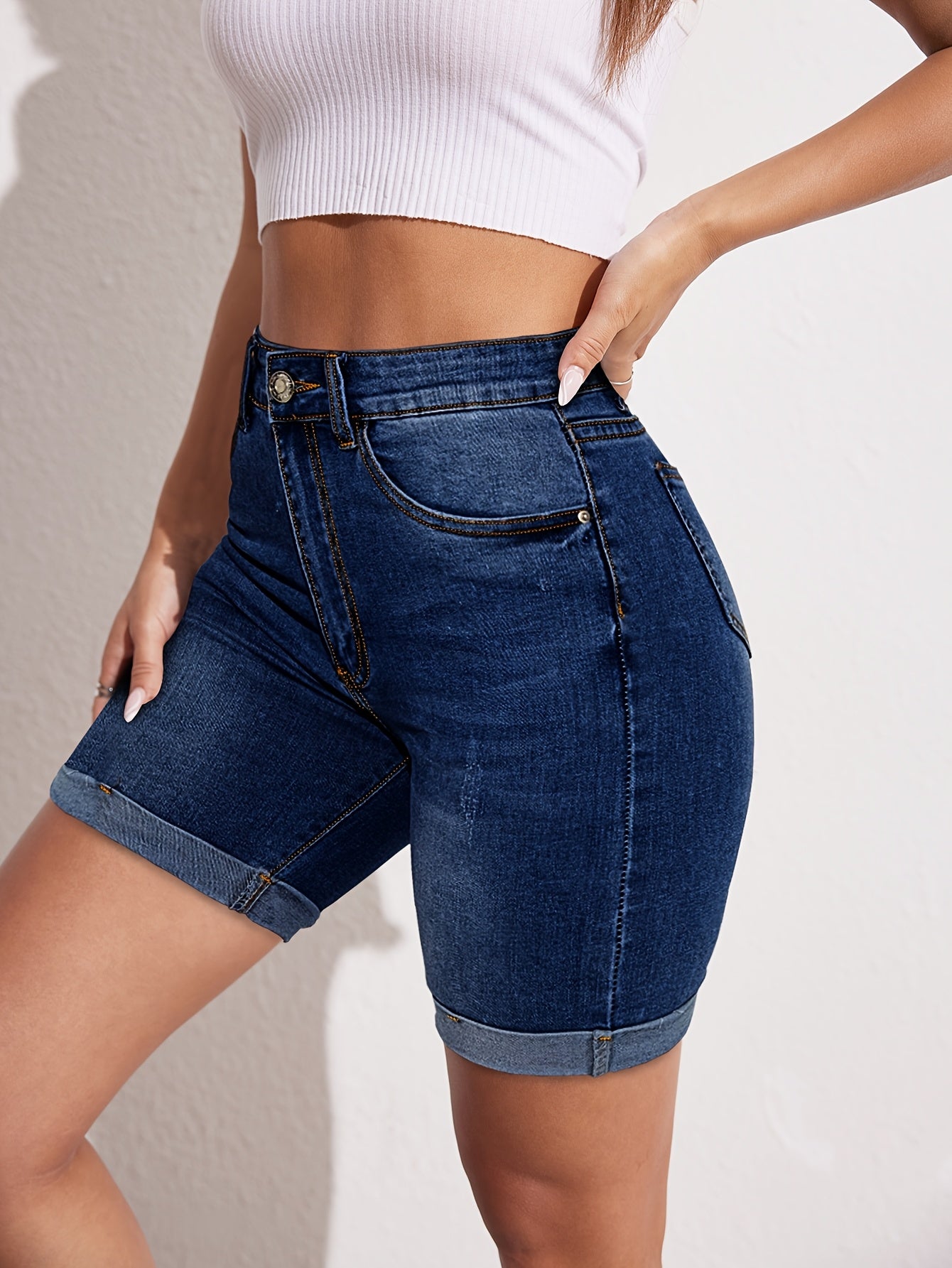 Women'S High-Stretch Denim Shorts - Slim Fit, Casual Mid-Thigh Length, Light Blue Washed Jean Shorts for Spring/Summer, Versatile & Breathabl
