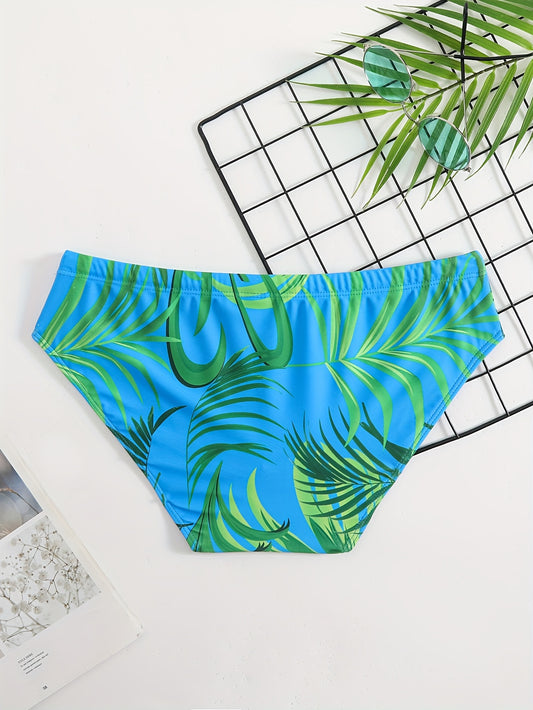 Men'S Tropical Leaf Print Swim Briefs - High-Waisted, Quick-Dry, Comfort Fit with Drawstring Waistband, Blue & Green, Perfect for Beach or Poolside
