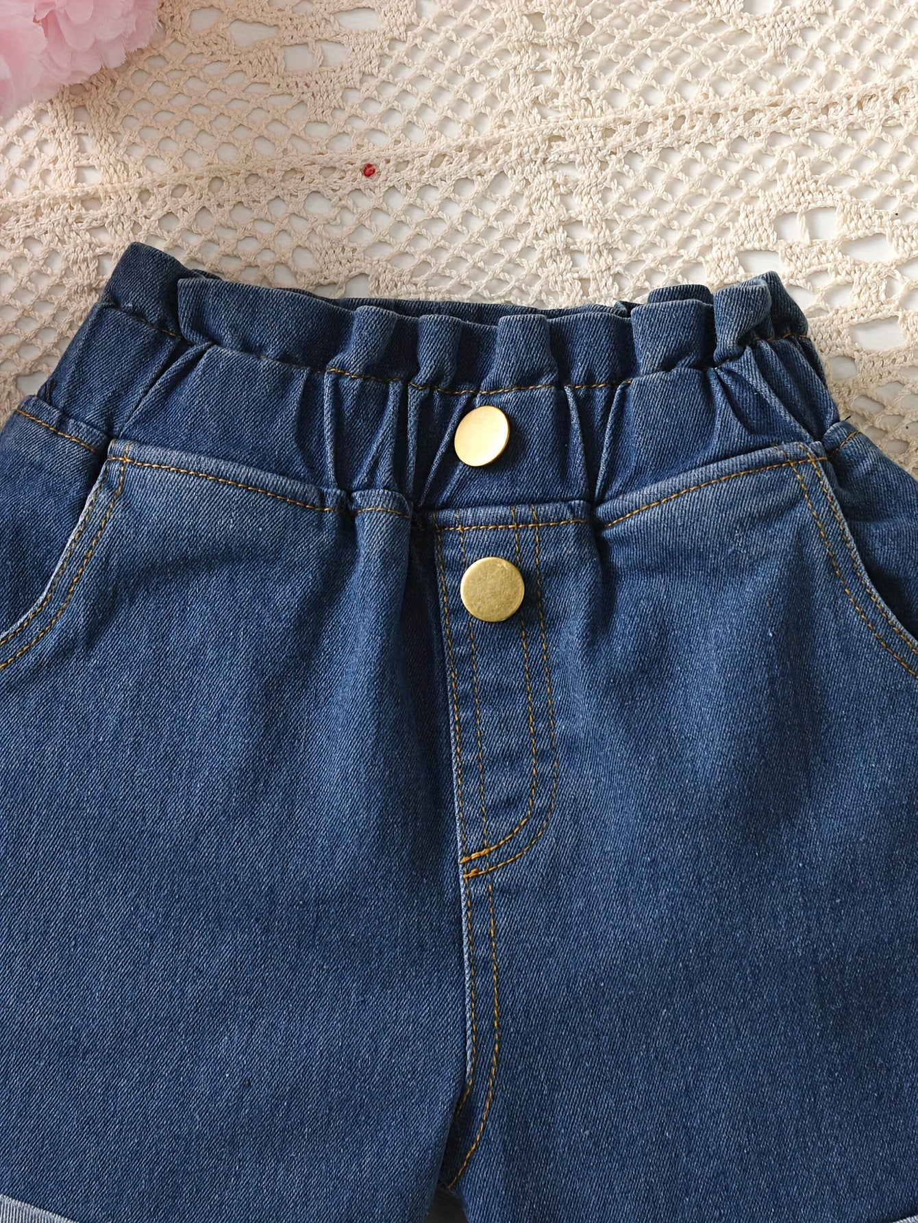 The Little Summer Casual And Comfortable Denim Shorts with Paper Bag Waist And Rolled Edges Are Perfect for Everyday Outings, for Outdoor