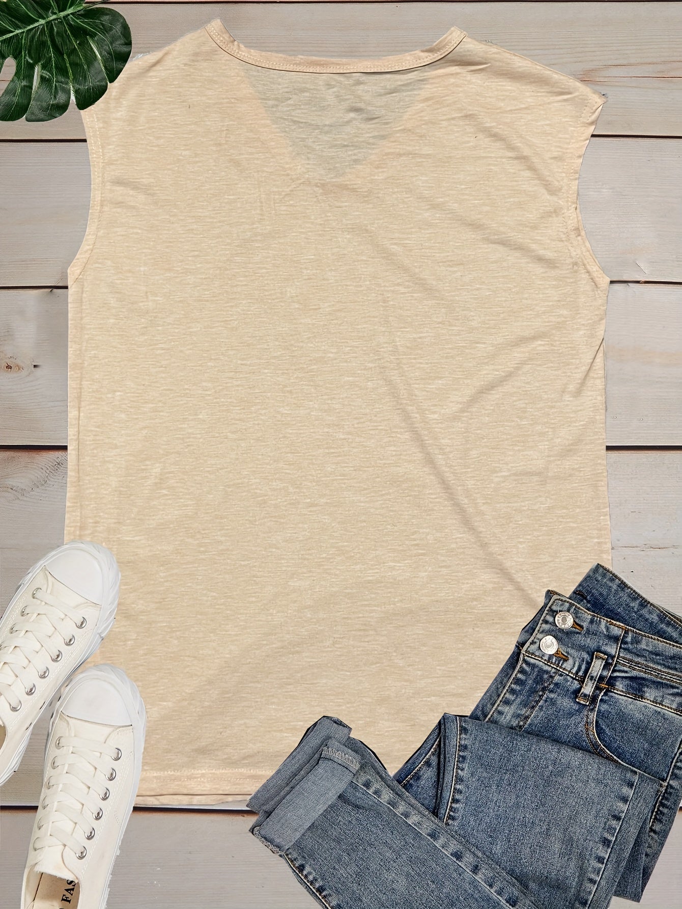 Lotus Print V Neck Tank Top, Cap Sleeve Casual Top For Summer & Spring, Women's Clothing