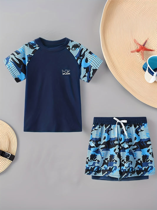 Boys' 2pcs Summer Swim Set - Camo Print, Quick-Dry & Breathable, Comfort Fit for Beach Vacations