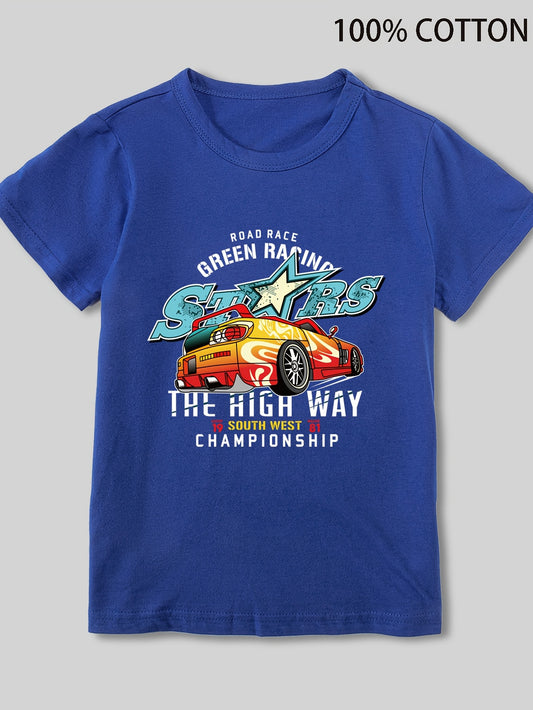 1pc Kids' Cotton Crew Neck T-Shirt with Road Race Car Print - Casual Slight Stretch Knit Fabric, Regular Fit Summer Top for Boys, The High Way Championship Graphic Tee