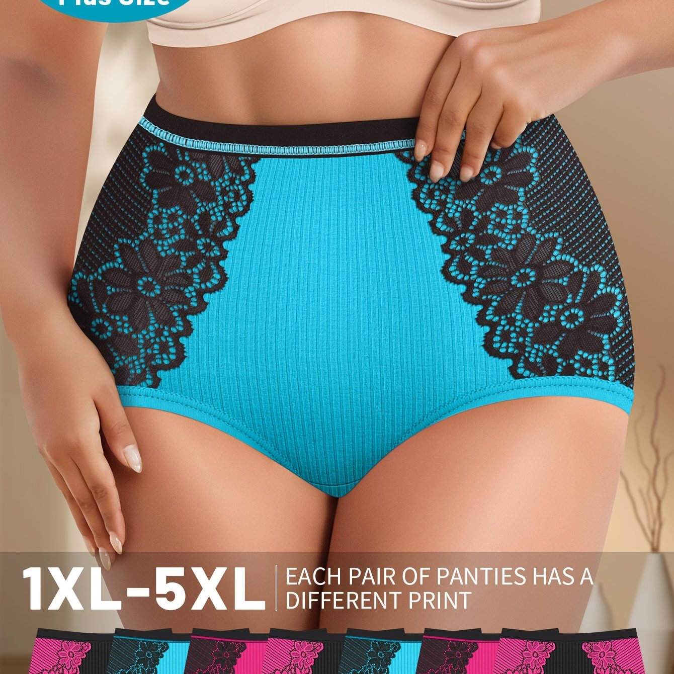 7pcs Plus Size Panties, Plus Size Underwear, Plus Size High Waist Panties, Mid-Rise Panties, Ribbed Stripes, Contrast Color, Triangle Pants, Comfortable Fit