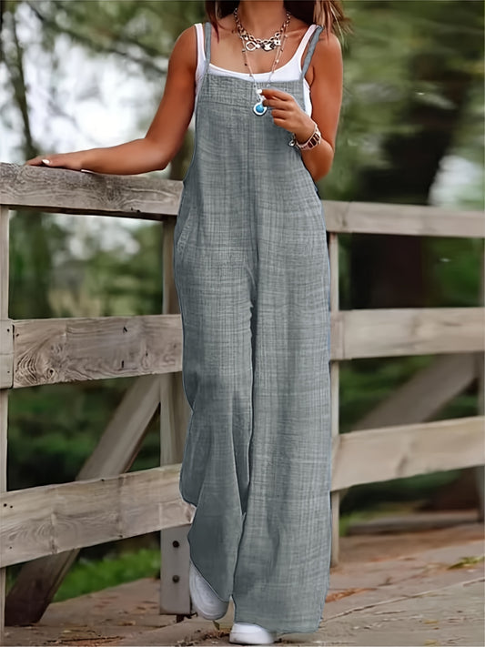 Women's Vacation Wide-Leg Jumpsuit - Sleeveless Strappy Design with Pockets, Machine Washable Solid Color All-Season Casual Outfit for Beach, Picnics & Leisure Activities, Picnic Attire, Flowy Fabric, Relaxed Fit