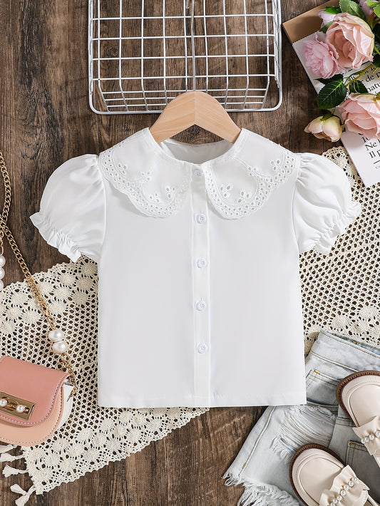 Girls White Lace Collar Blouse, Elegant Korean-Style Top, Ladylike Shirt