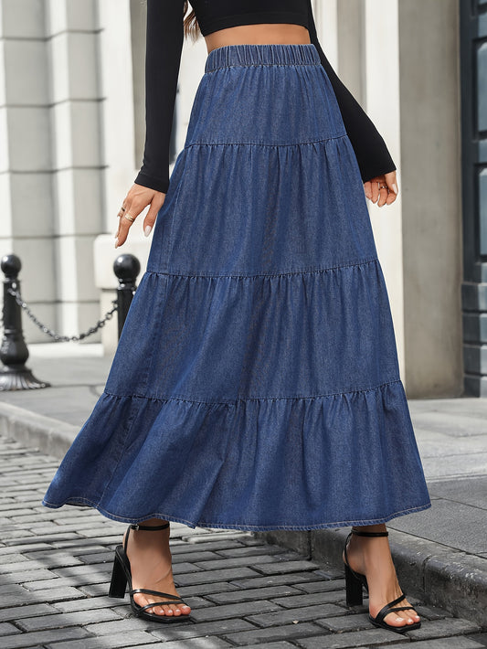 Women's Elegant High-Waisted Tiered Long Denim Skirt - Cotton Blend, Non-Stretch Woven Fabric, Solid Color, Summer Circle Skirt with Ruffle Detail