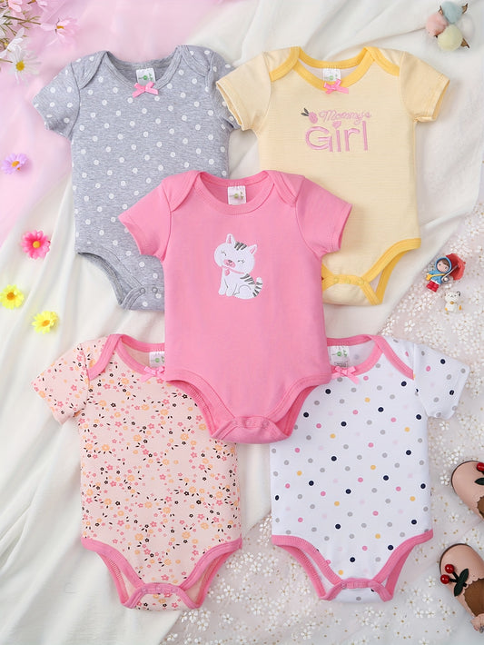 5pcs Baby's Comfy Cotton Triangle Bodysuit, Flower & Polka Dots Pattern & Embroidery Casual Short Sleeve Romper, Toddler & Infant Girl's Outdoor Clothes For Summer, As Gift