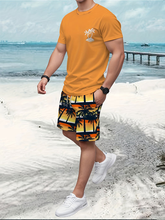 Men'S 2pcs Summer Beach Suit, Hawaiian Coconut Tree Print, Casual Crew Neck T-Shirt & Drawstring Shorts, Polyester Knit Fabric, Regular Fit, All Over Print, Outdoor Leisure Set
