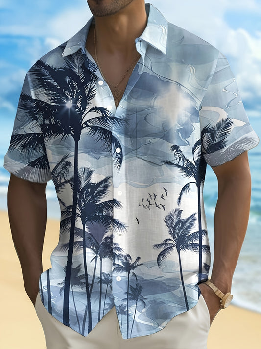 Men's Coconut Trees Pattern Print Short Sleeve Lapel Shirt Top, Male Casual Button Up Shirt For Summer Daily Wear And Vacation Resorts