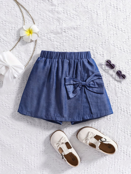 Girls' Elegant Faux Denim Shorts with Front Bow Detail - Stylish Rayon Blend, Comfortable Summer Casual Wear for Youngsters, Perfect for Parties and Outdoor Activities, Party Wear Shorts | Playful Accessory | Nontransparent M