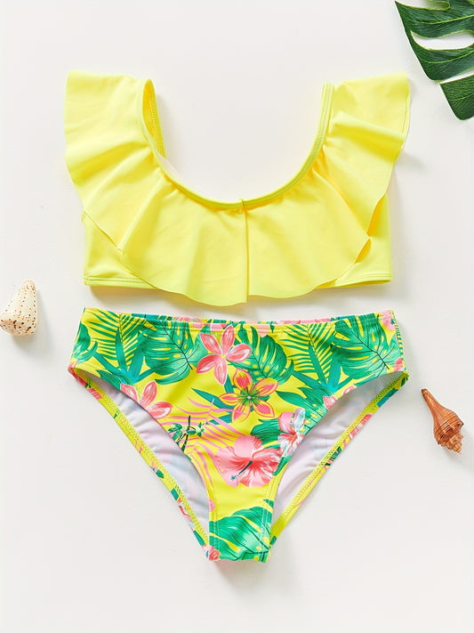 Chic Girls' Tropical Print Bikini Set with Ruffle Trim - Stretchy, Machine Washable Swimwear for Ages 5-14