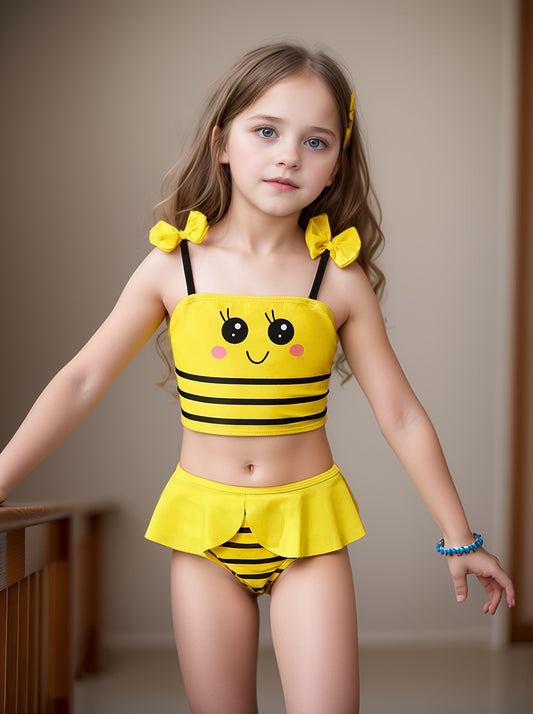 Little Bee Separated Tankini Youngsters's Cute Bow Swimsuit Little Girl Skirt Style Striped Swimsuit, Swimsuit
