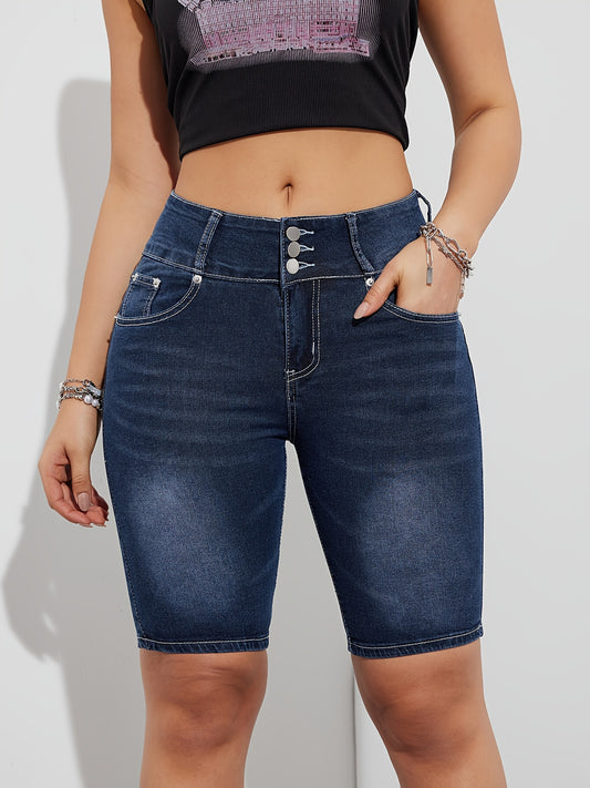 Single-breasted Slash Pocket Bermuda Denim Shorts, Whiskering Washed Blue Casual Stretchy Denim Shorts, Women's Denim Jeans & Clothing
