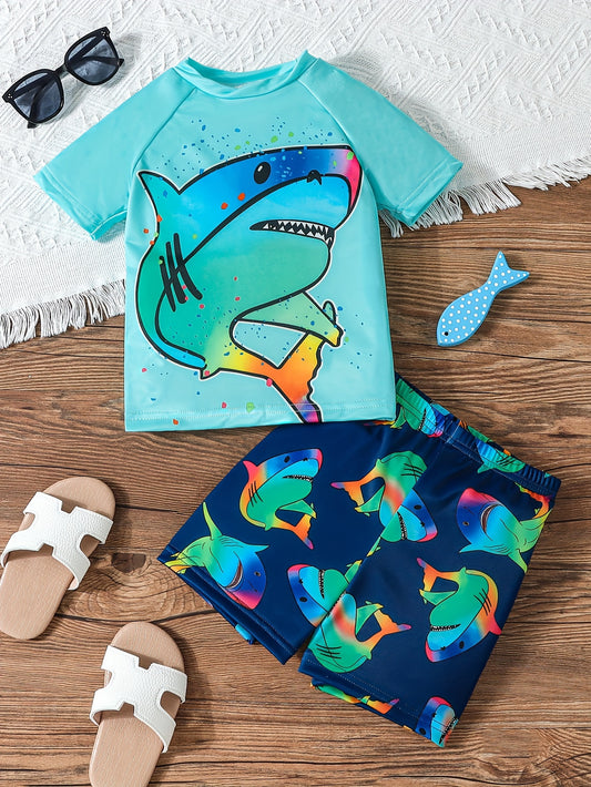 2pcs Boys' Summer Cartoon Shark Pattern T-Shirt and Swim Trunks Set