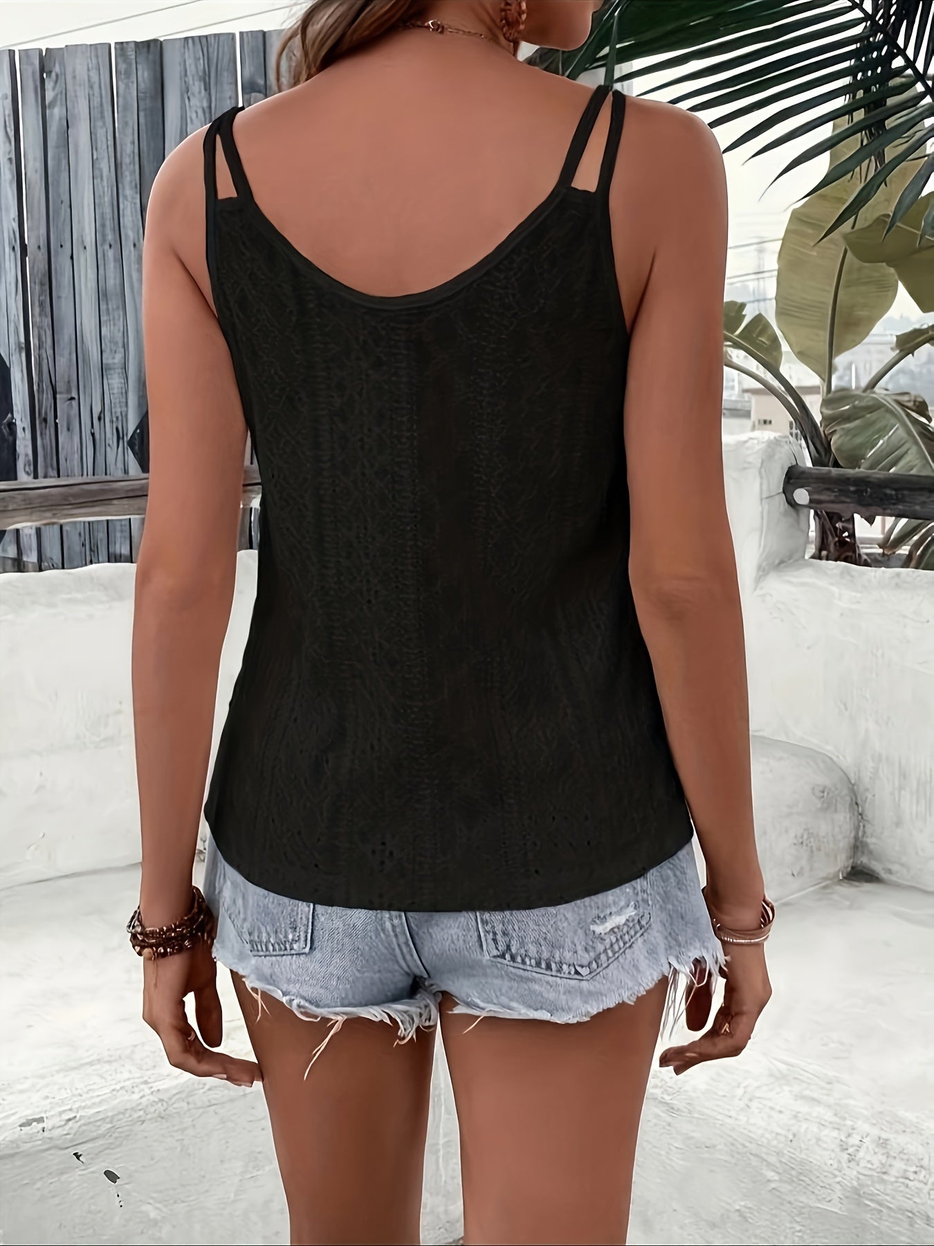 Eyelet Embroidered V Neck Cami Top, Elegant Sleeveless Top For Summer, Women's Clothing