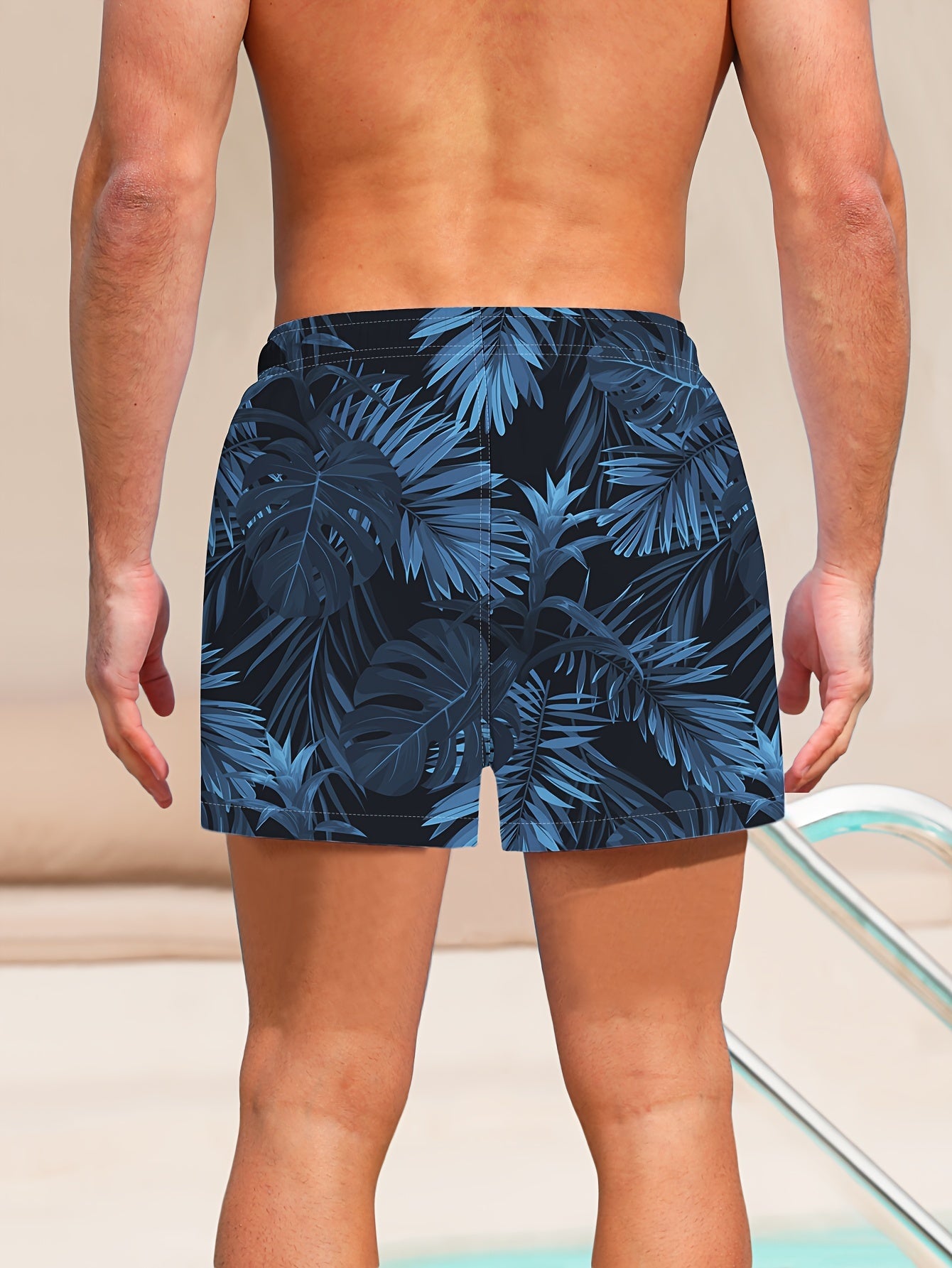 Men's Tropical Palm Leaf Board Shorts - Quick-Dry, Drawstring, No-Stretch Polyester Fabric with Pockets | Ideal for Beach, Poolside, & Casual Wear