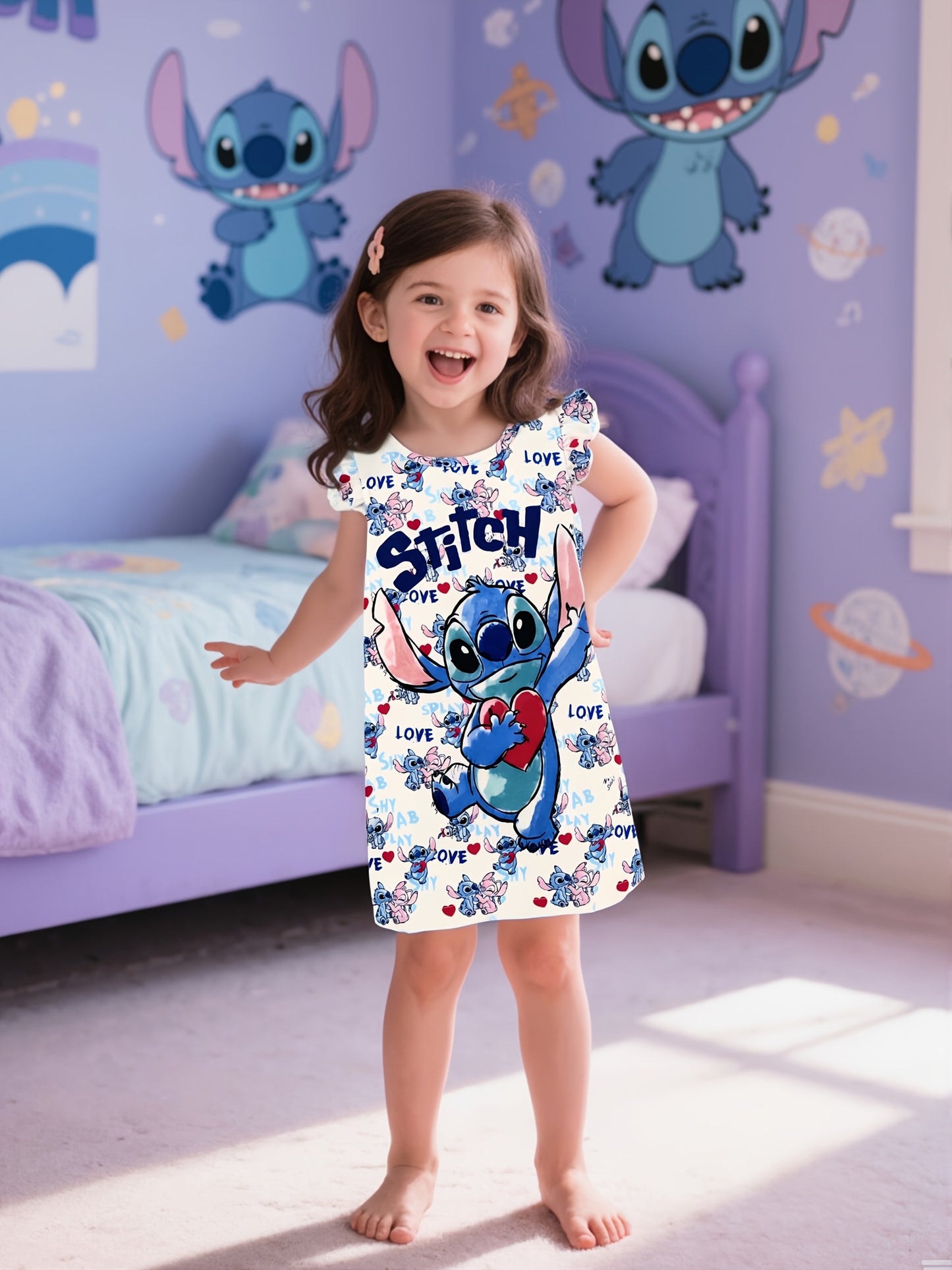 Disney Stitch Girls' Pajama Dress - Flame Retardant, Short Sleeve, Cartoon Heart Print, Lightweight & Breathable for Spring/Summer, Regular Fit, Cute Sleepwear, Girls Pajamas, Playful Sleepwear, Comfortable Sleepwear, Youngst