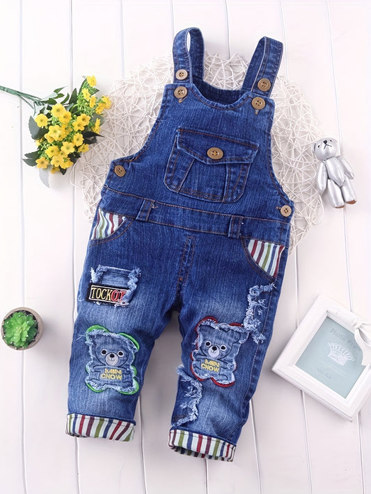 ' Unisex Denim Overalls with Bear Embroidery & Striped Pockets - Adjustable Shoulder Straps, Snap Closure, Hand Wash Only, Spring/Fall Casual Playwear for &, Perfect for Outdoor
